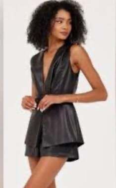 DO+BE Black Faux Leather Deep V-Neck Open Back Romper